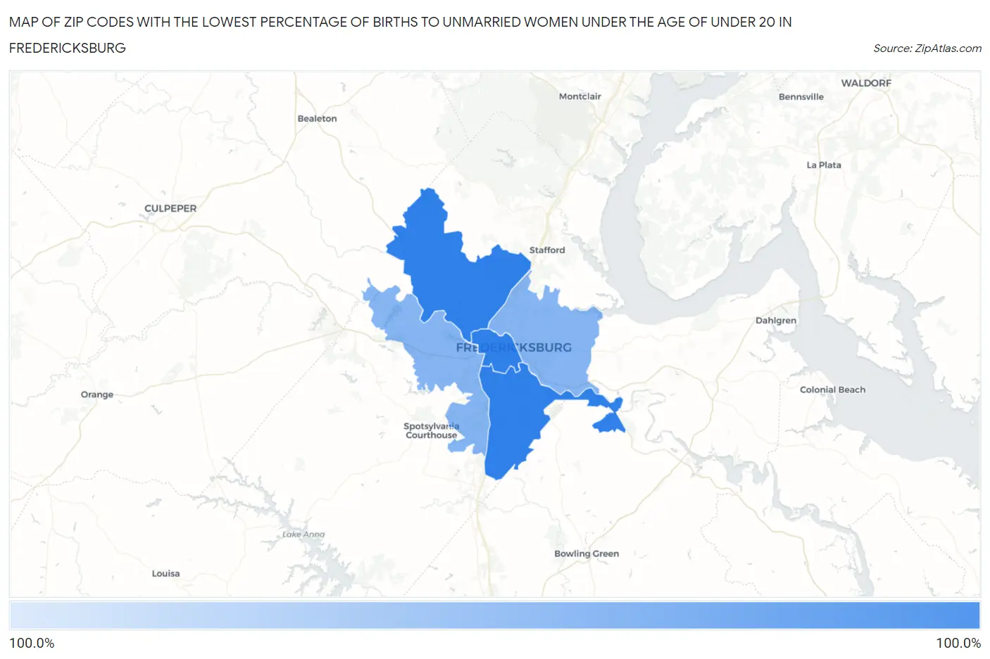 Zip Codes with the Lowest Percentage of Births to Unmarried Women under the Age of under 20 in Fredericksburg Map