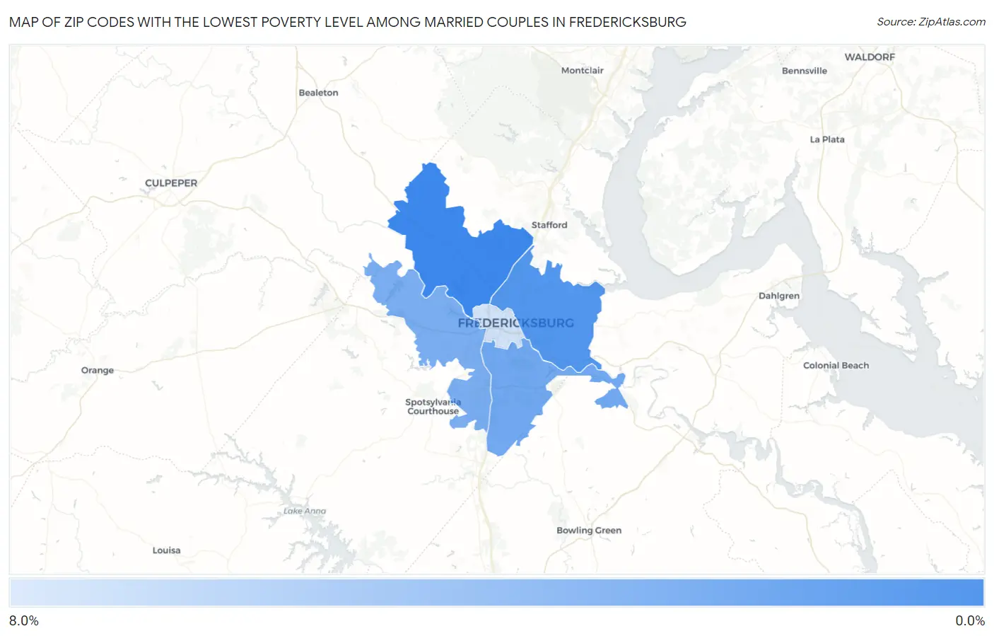 Zip Codes with the Lowest Poverty Level Among Married Couples in Fredericksburg Map