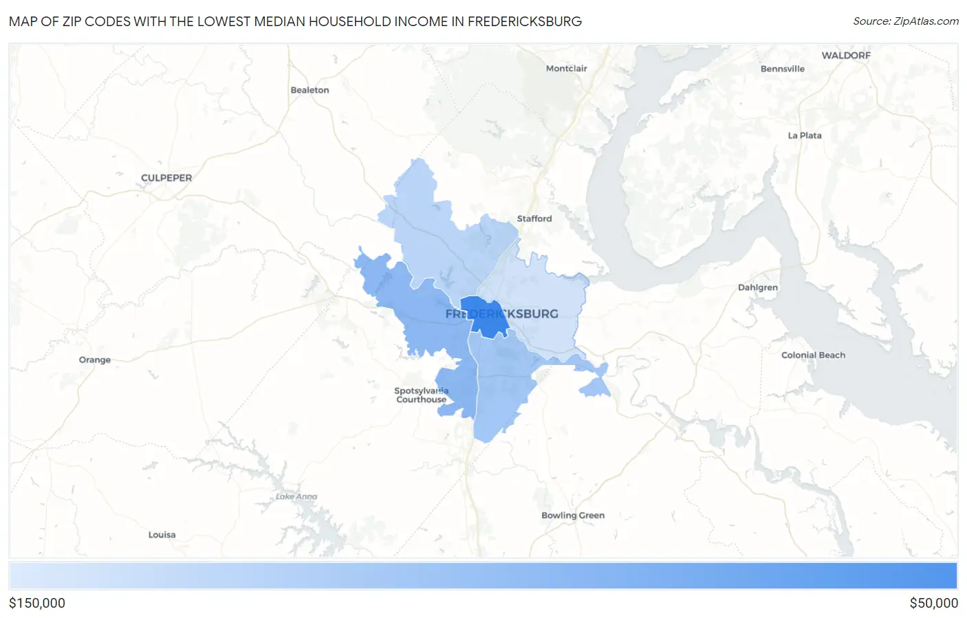 Zip Codes with the Lowest Median Household Income in Fredericksburg Map