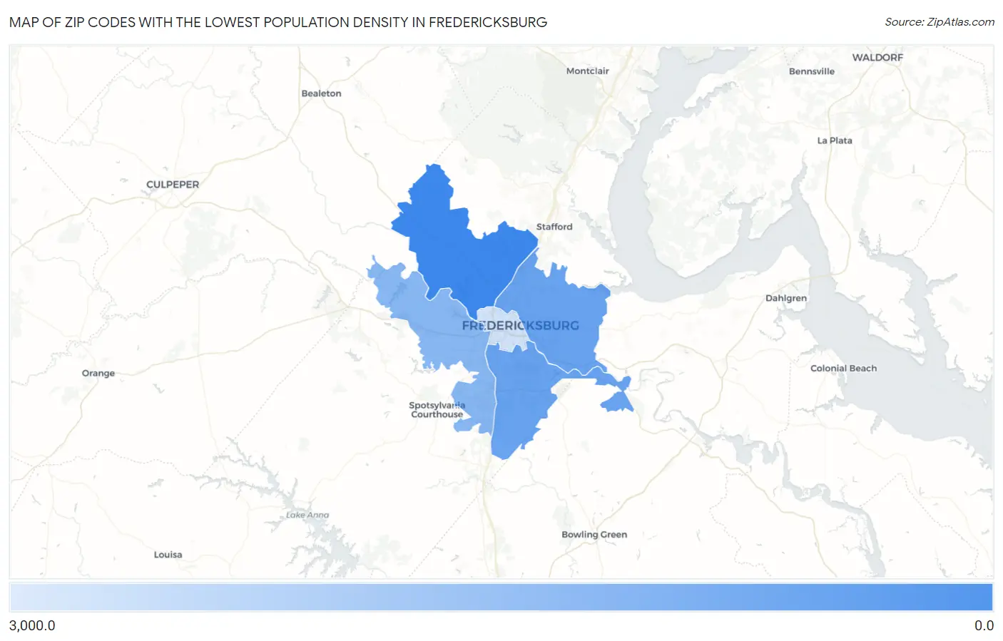 Zip Codes with the Lowest Population Density in Fredericksburg Map
