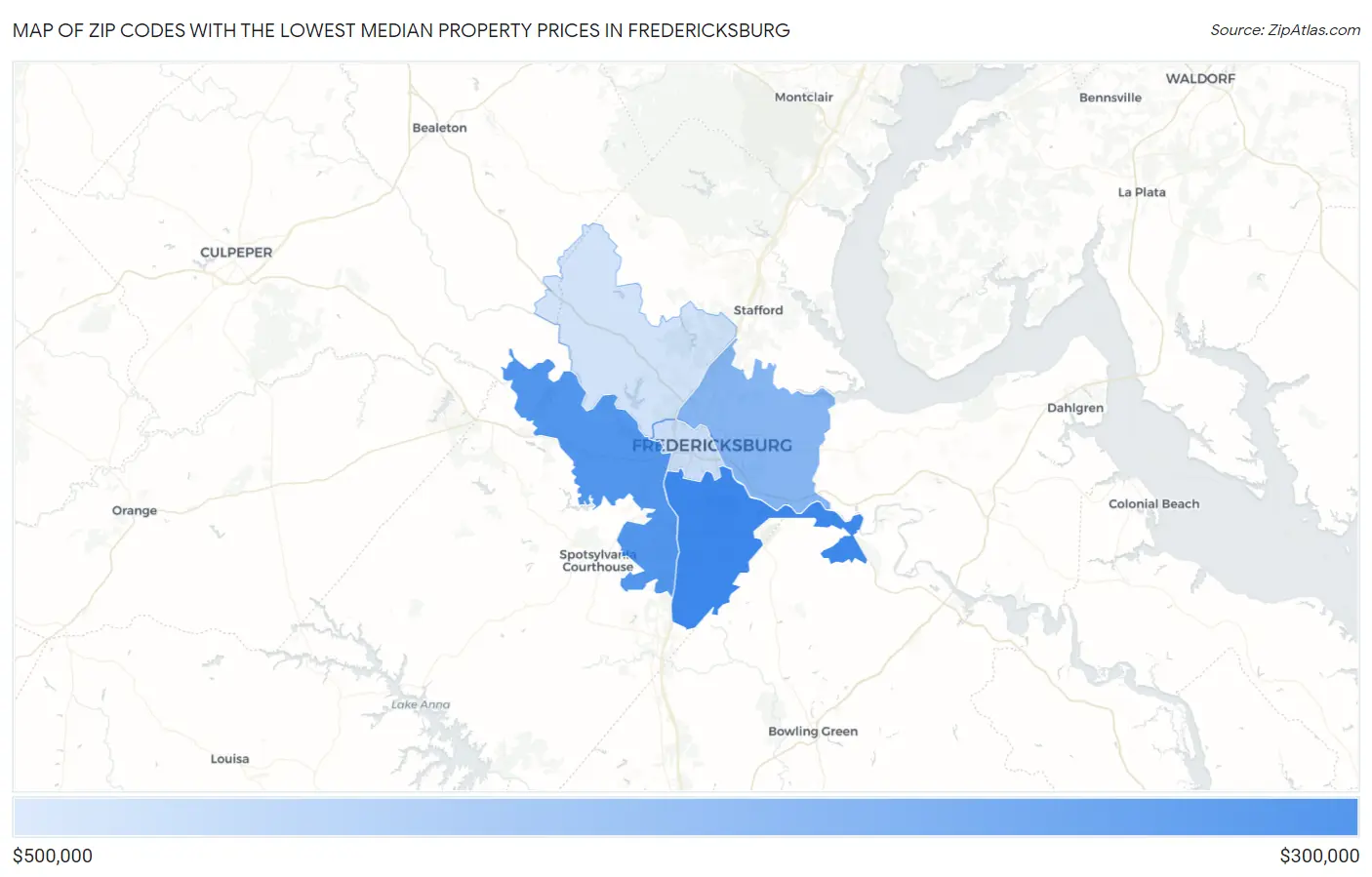 Zip Codes with the Lowest Median Property Prices in Fredericksburg Map