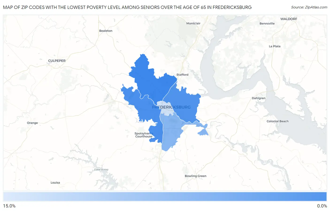 Zip Codes with the Lowest Poverty Level Among Seniors Over the Age of 65 in Fredericksburg Map
