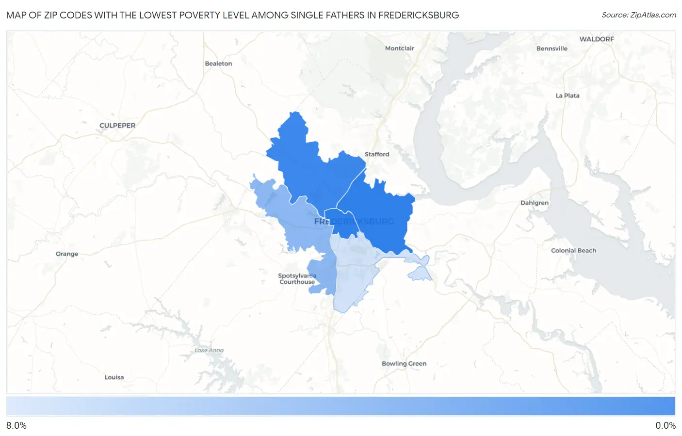 Zip Codes with the Lowest Poverty Level Among Single Fathers in Fredericksburg Map