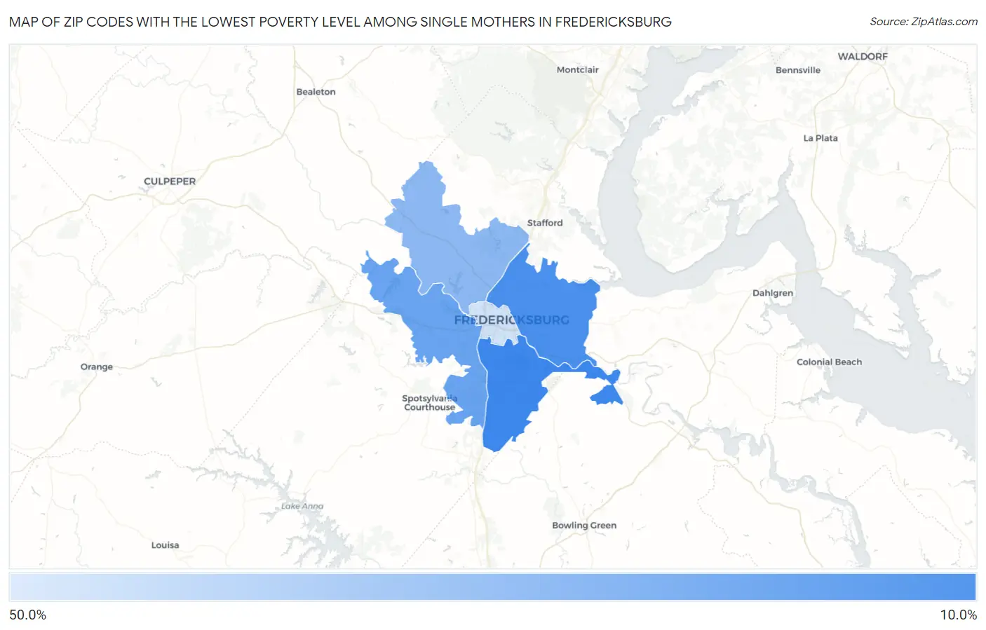 Zip Codes with the Lowest Poverty Level Among Single Mothers in Fredericksburg Map