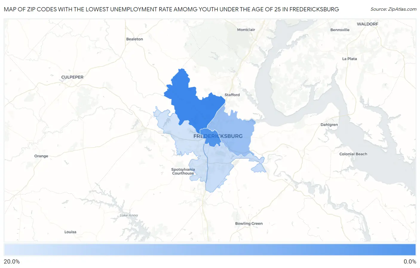 Zip Codes with the Lowest Unemployment Rate Amomg Youth Under the Age of 25 in Fredericksburg Map