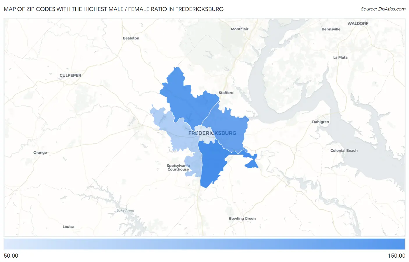 Zip Codes with the Highest Male / Female Ratio in Fredericksburg Map