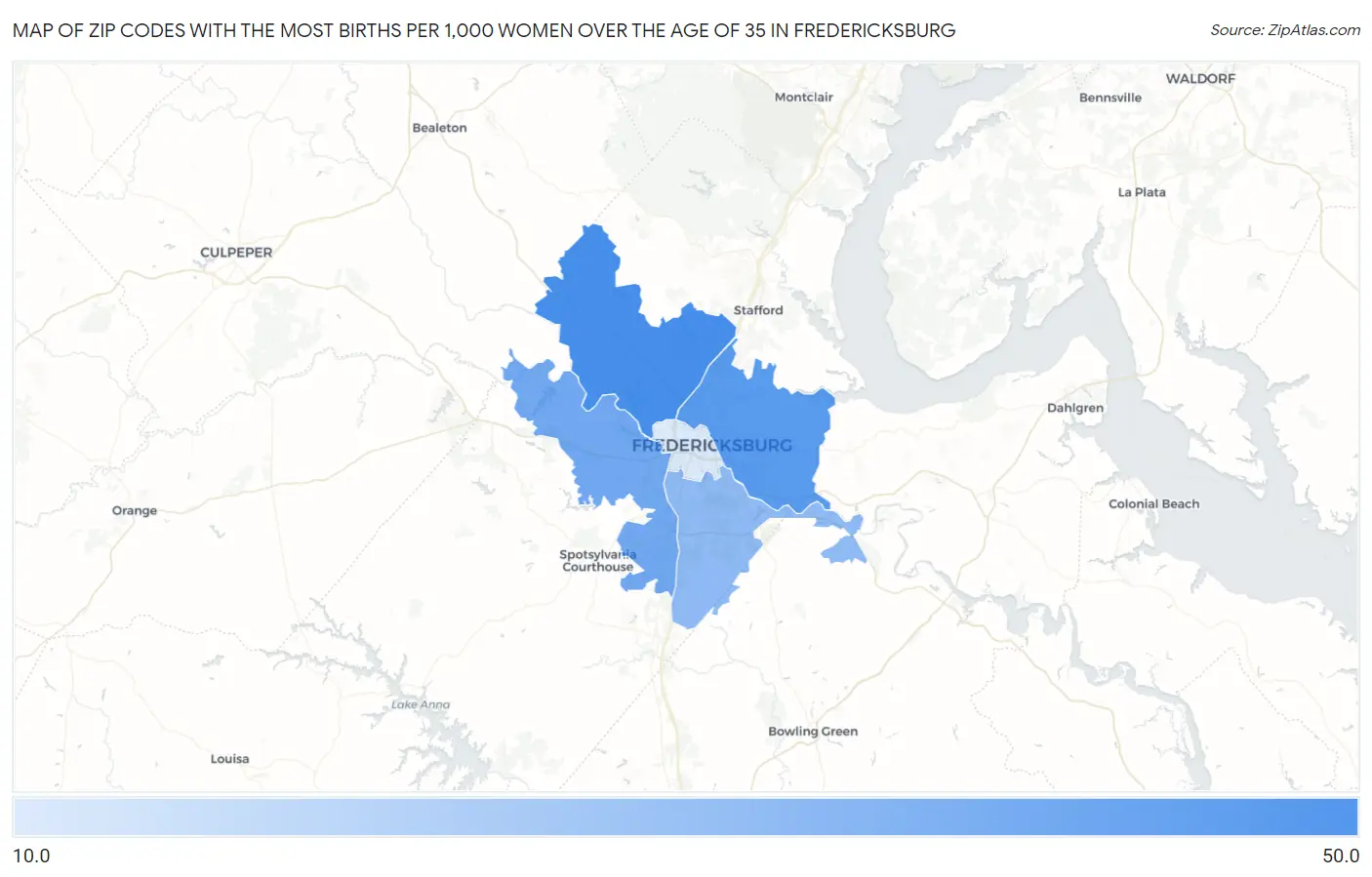 Zip Codes with the Most Births per 1,000 Women Over the Age of 35 in Fredericksburg Map