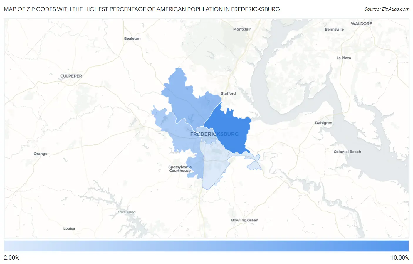 Zip Codes with the Highest Percentage of American Population in Fredericksburg Map