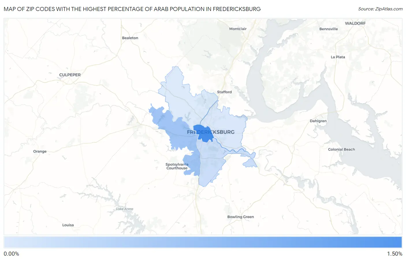 Zip Codes with the Highest Percentage of Arab Population in Fredericksburg Map