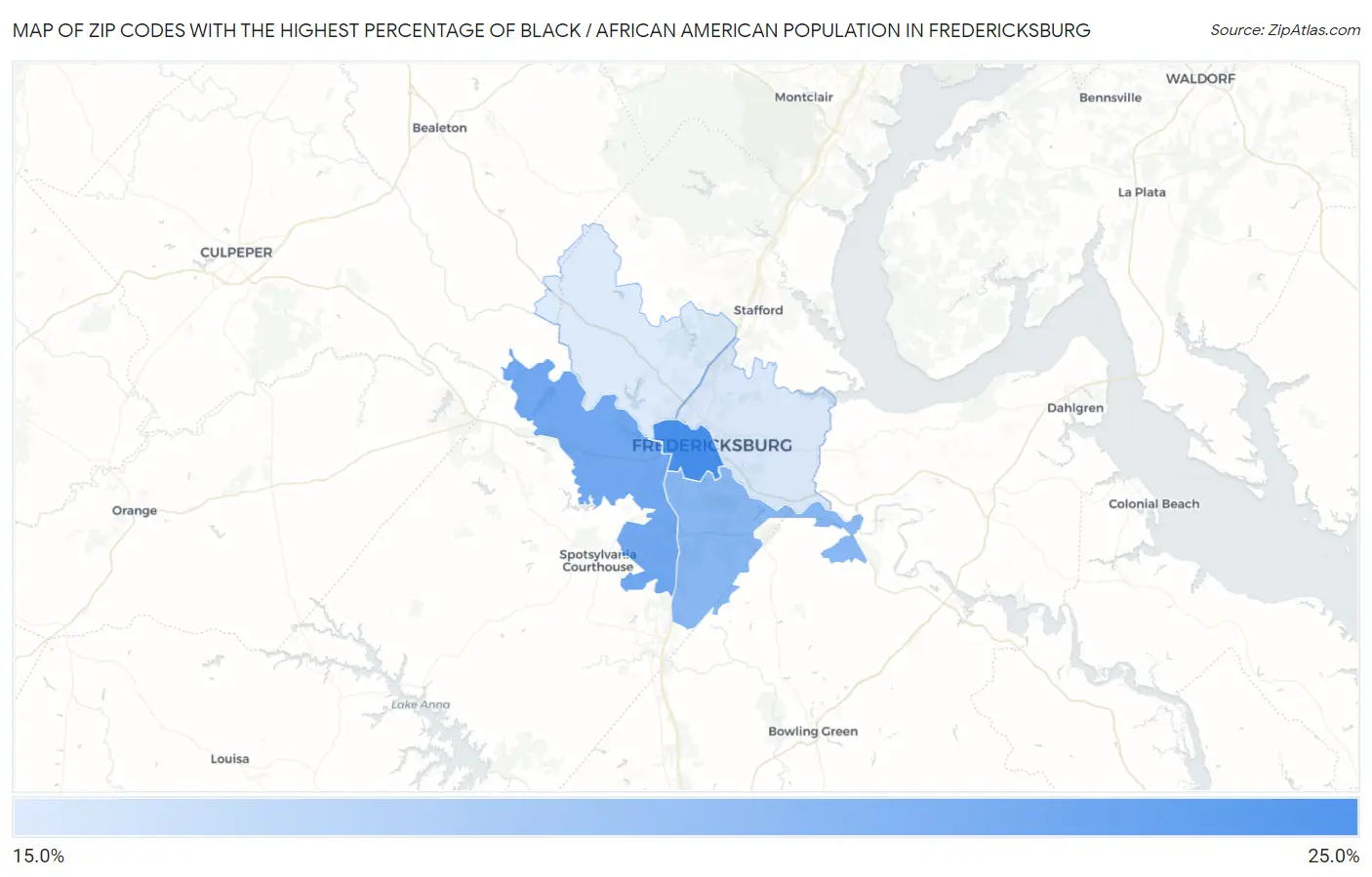 Zip Codes with the Highest Percentage of Black / African American Population in Fredericksburg Map