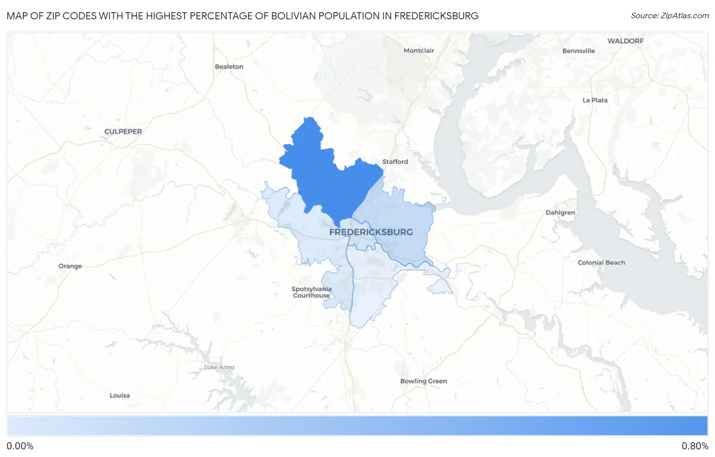Zip Codes with the Highest Percentage of Bolivian Population in Fredericksburg Map