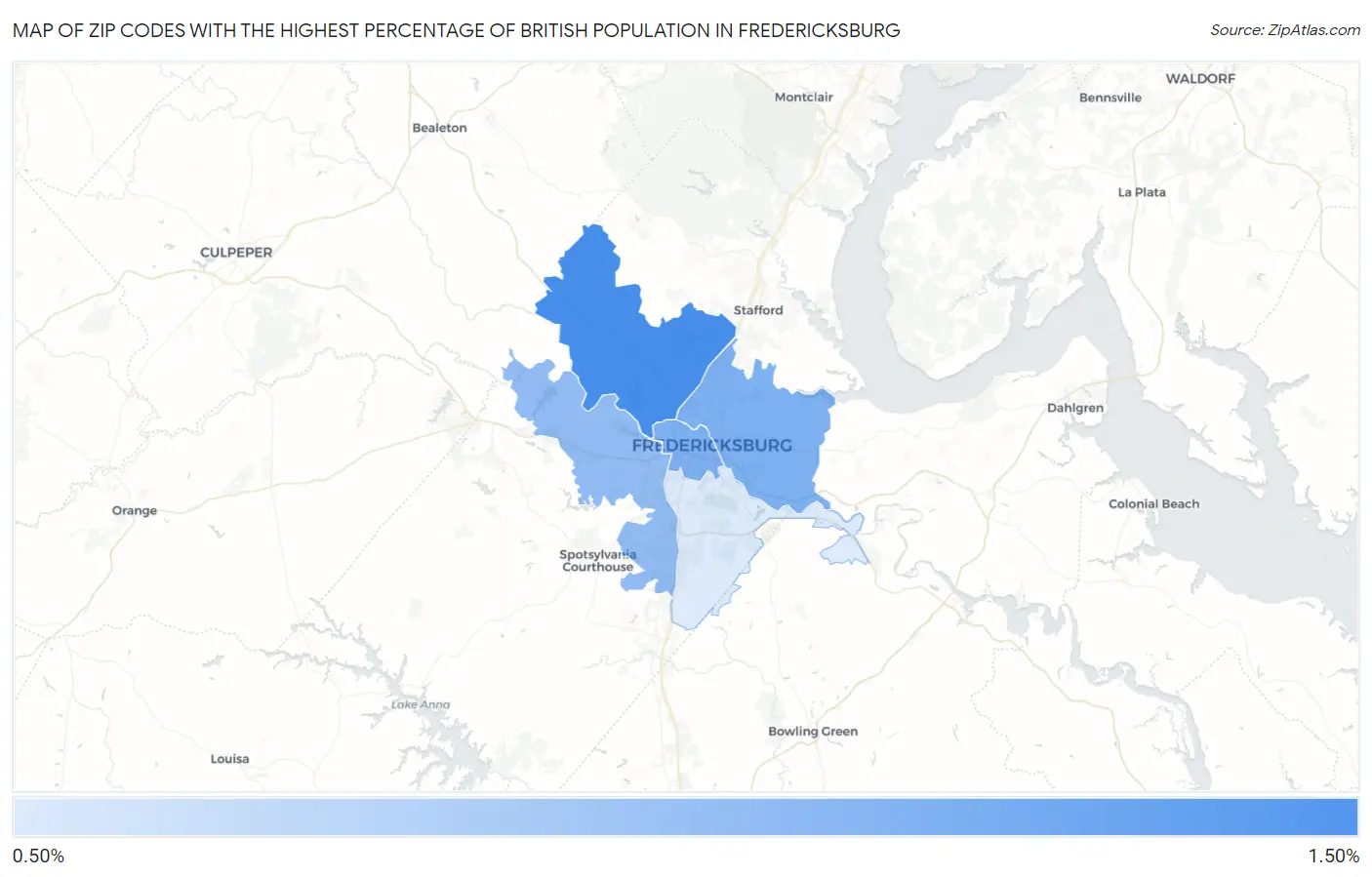 Zip Codes with the Highest Percentage of British Population in Fredericksburg Map