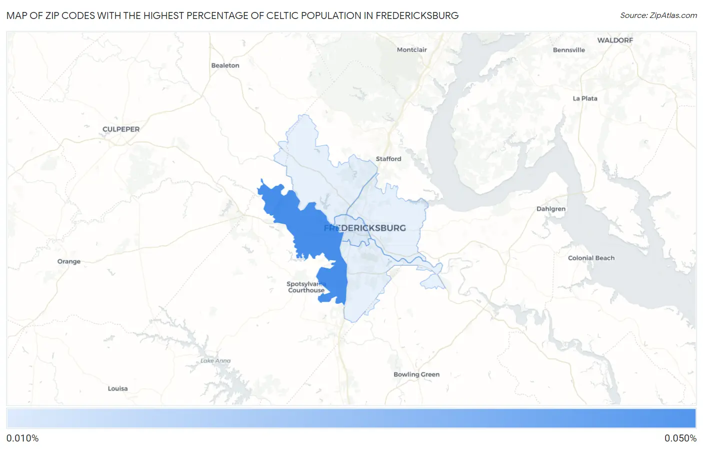 Zip Codes with the Highest Percentage of Celtic Population in Fredericksburg Map