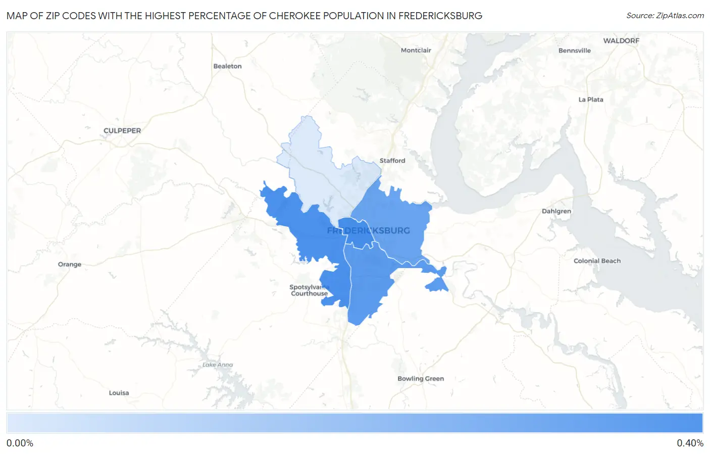 Zip Codes with the Highest Percentage of Cherokee Population in Fredericksburg Map