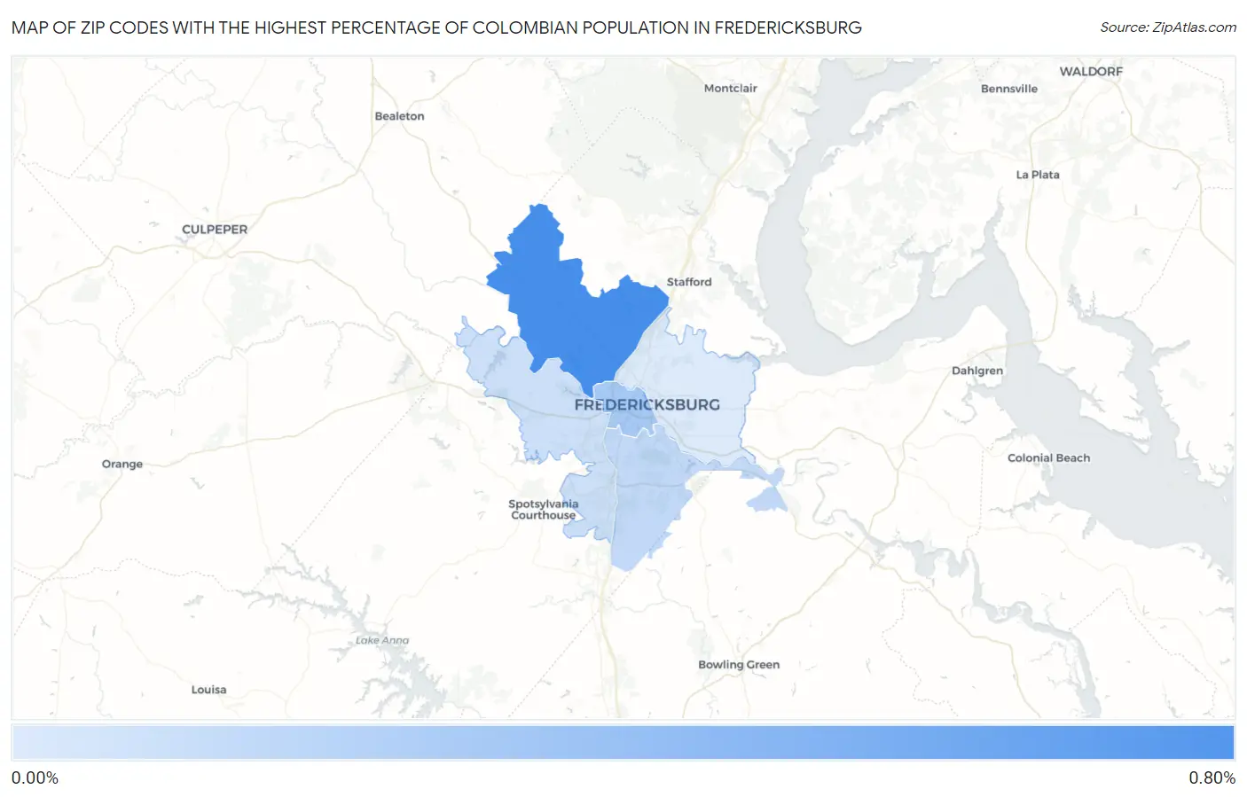 Zip Codes with the Highest Percentage of Colombian Population in Fredericksburg Map