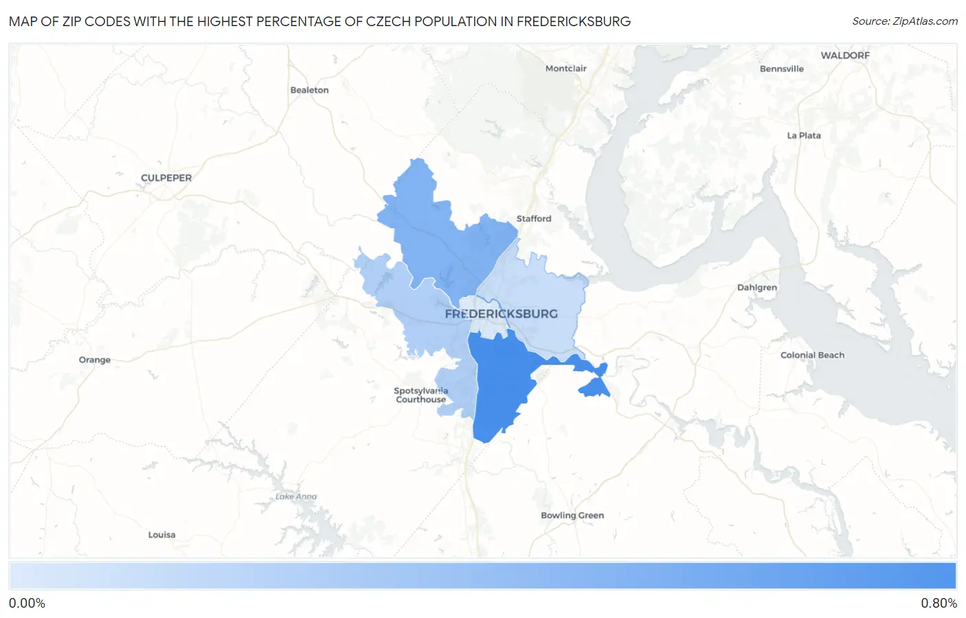 Zip Codes with the Highest Percentage of Czech Population in Fredericksburg Map