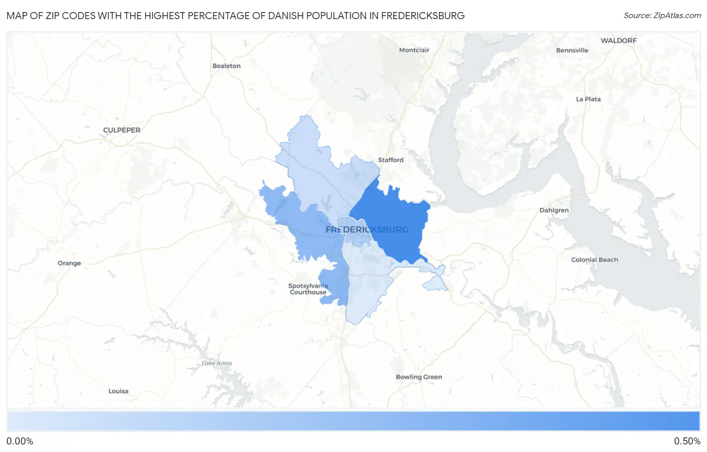 Zip Codes with the Highest Percentage of Danish Population in Fredericksburg Map