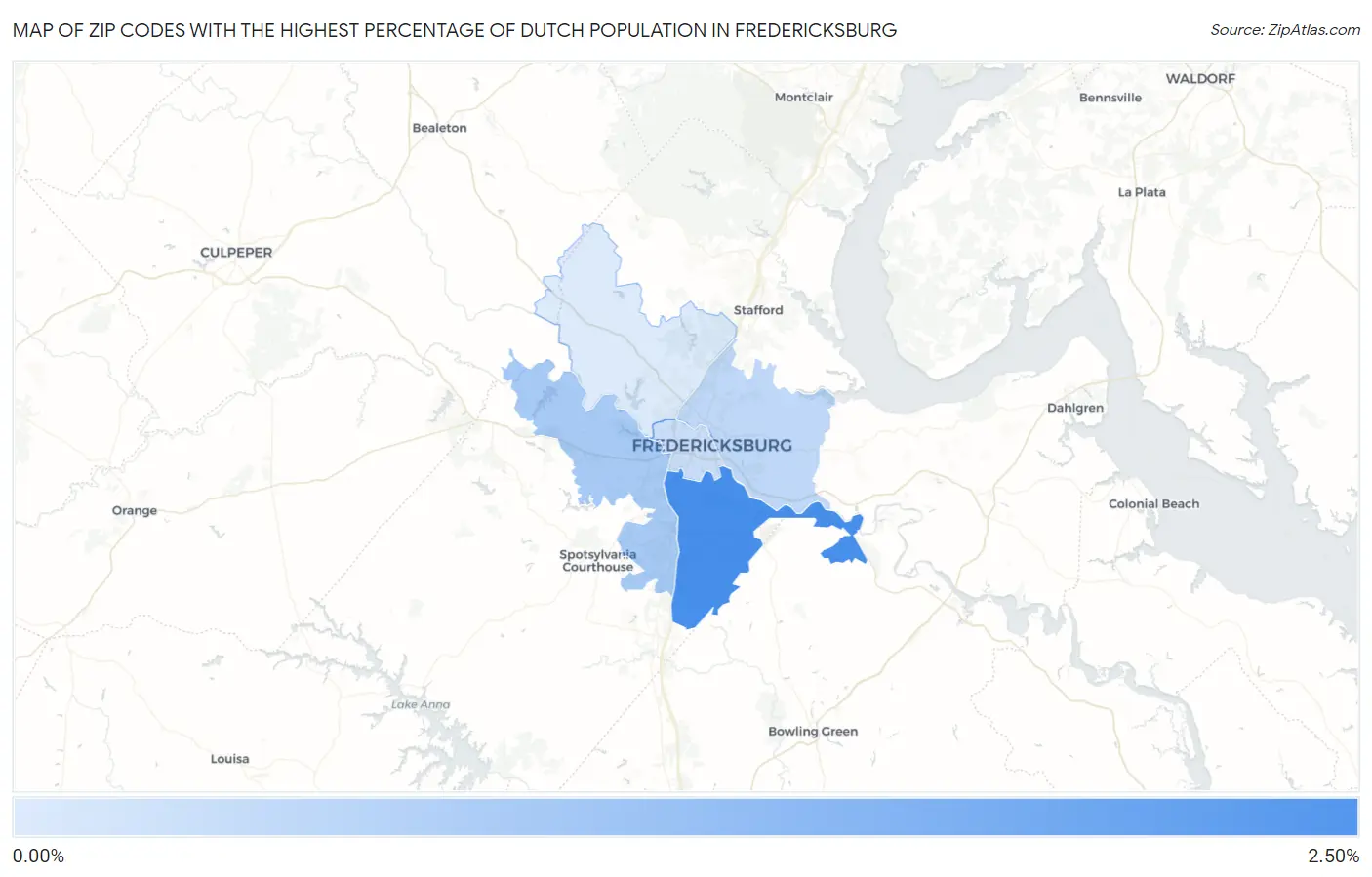 Zip Codes with the Highest Percentage of Dutch Population in Fredericksburg Map