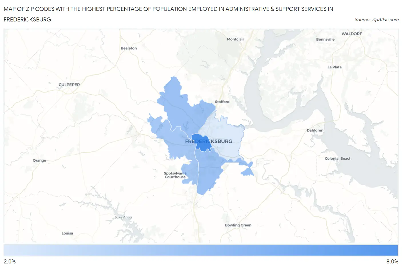 Zip Codes with the Highest Percentage of Population Employed in Administrative & Support Services in Fredericksburg Map