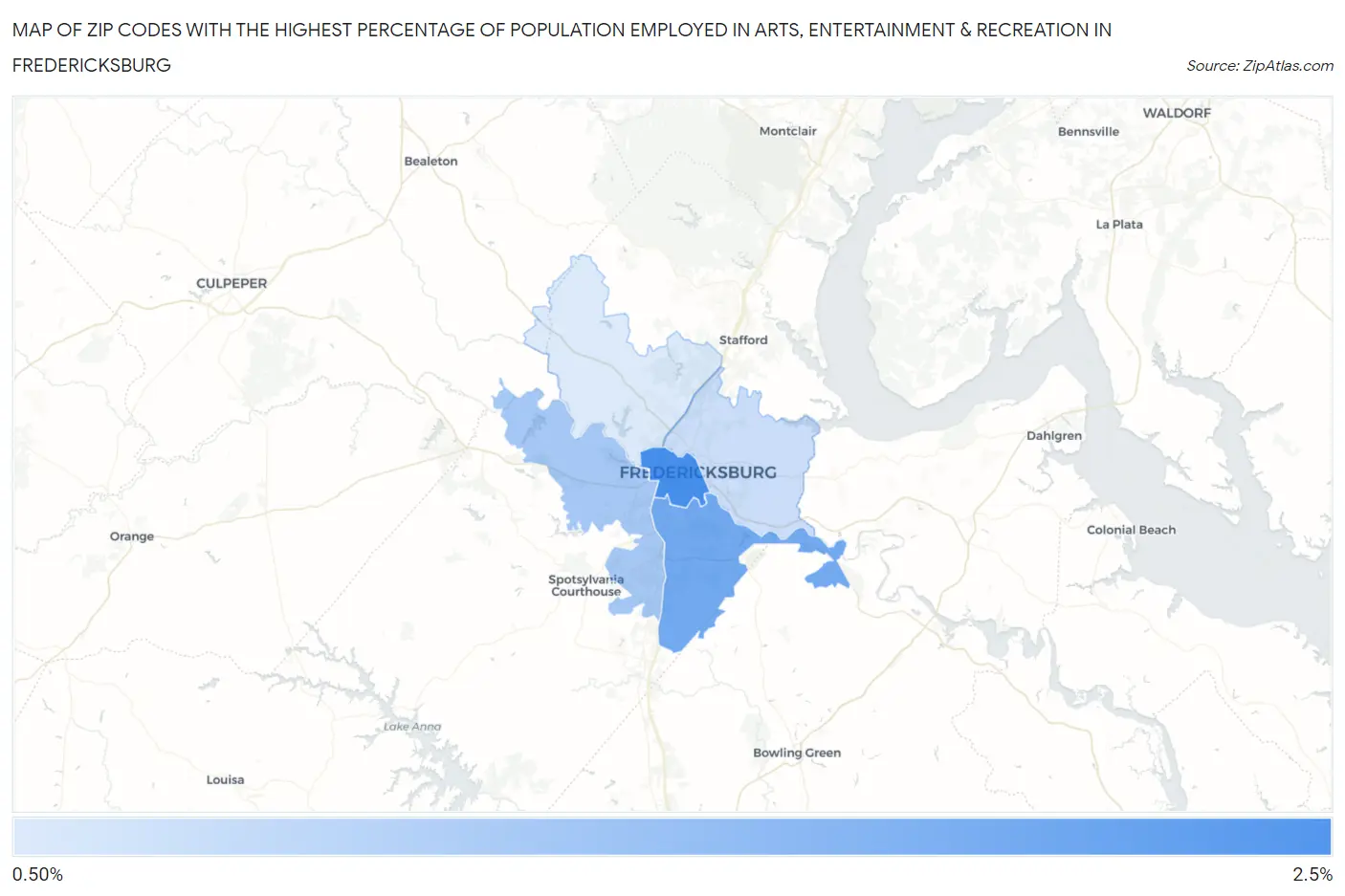 Zip Codes with the Highest Percentage of Population Employed in Arts, Entertainment & Recreation in Fredericksburg Map