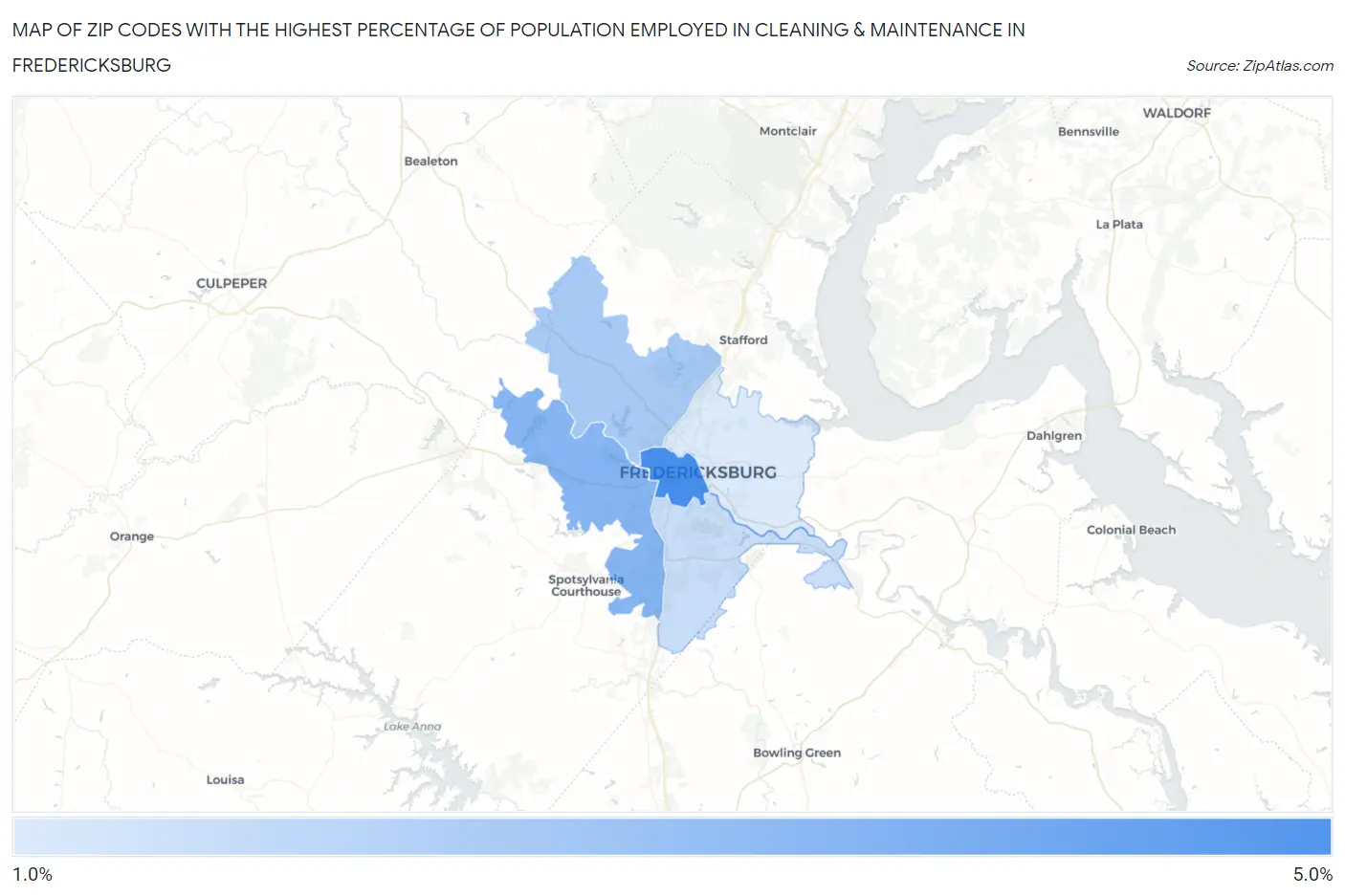 Zip Codes with the Highest Percentage of Population Employed in Cleaning & Maintenance in Fredericksburg Map