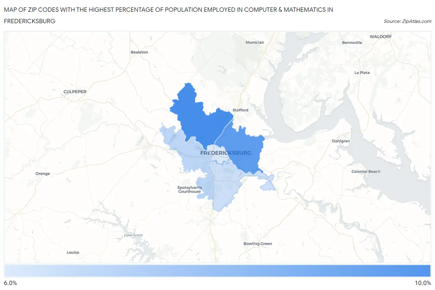 Zip Codes with the Highest Percentage of Population Employed in Computer & Mathematics in Fredericksburg Map