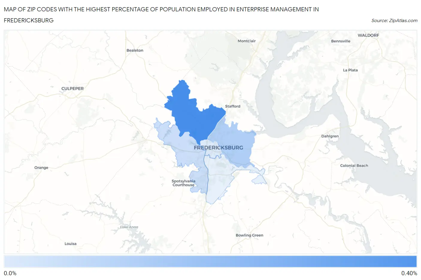 Zip Codes with the Highest Percentage of Population Employed in Enterprise Management in Fredericksburg Map