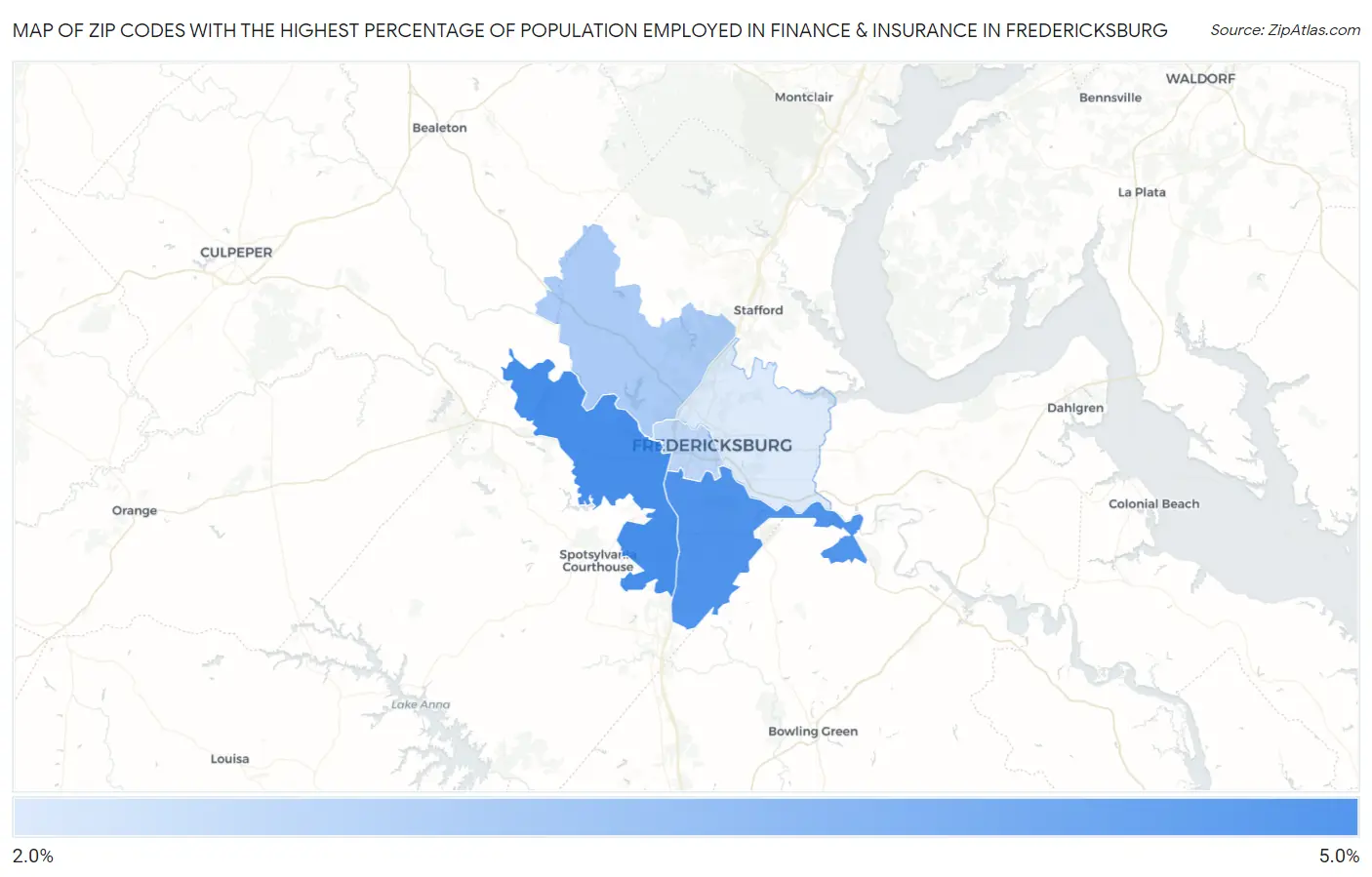 Zip Codes with the Highest Percentage of Population Employed in Finance & Insurance in Fredericksburg Map