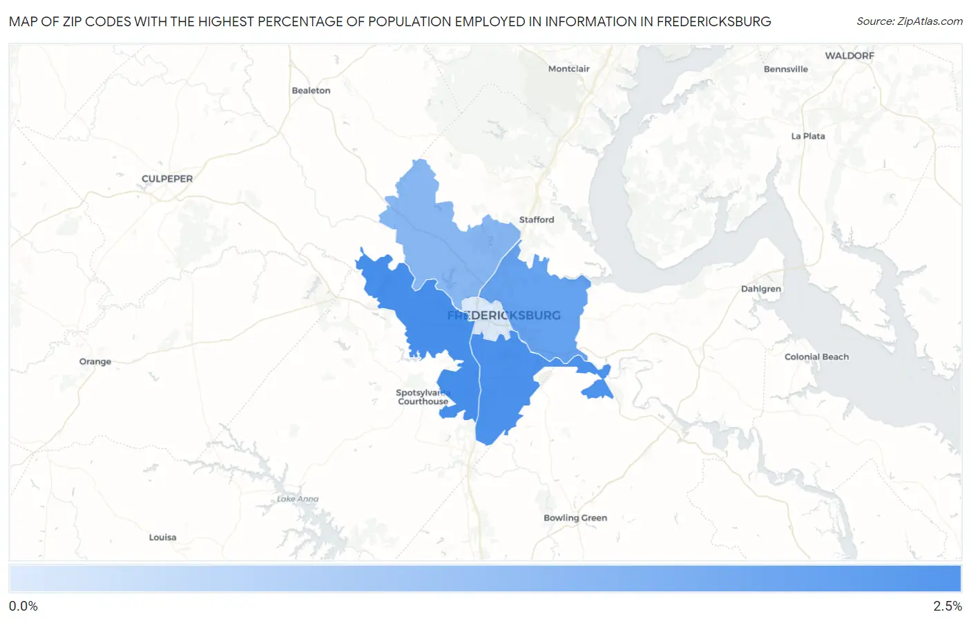 Zip Codes with the Highest Percentage of Population Employed in Information in Fredericksburg Map