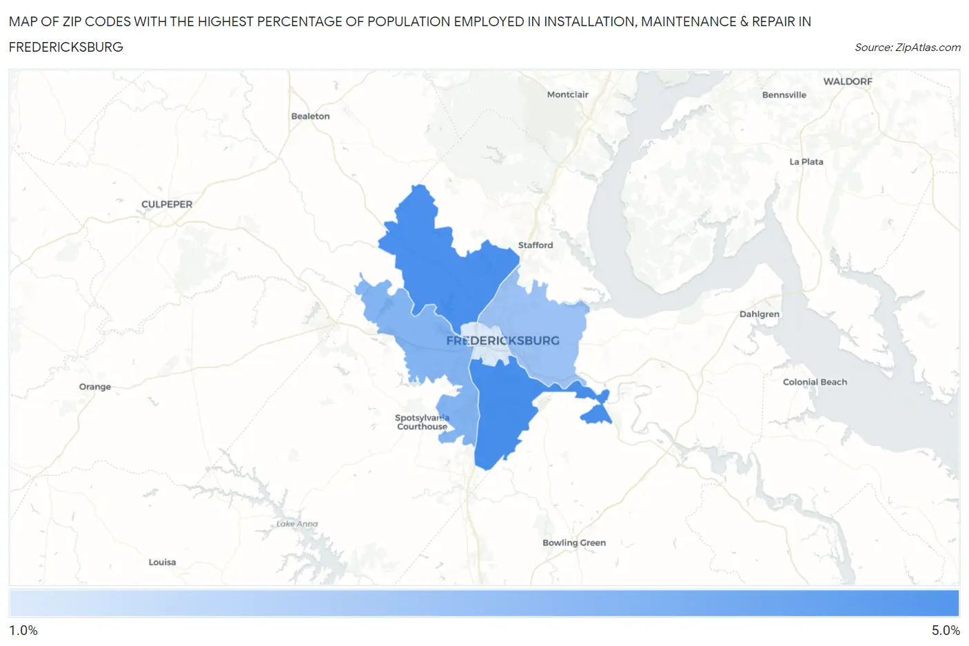 Zip Codes with the Highest Percentage of Population Employed in Installation, Maintenance & Repair in Fredericksburg Map