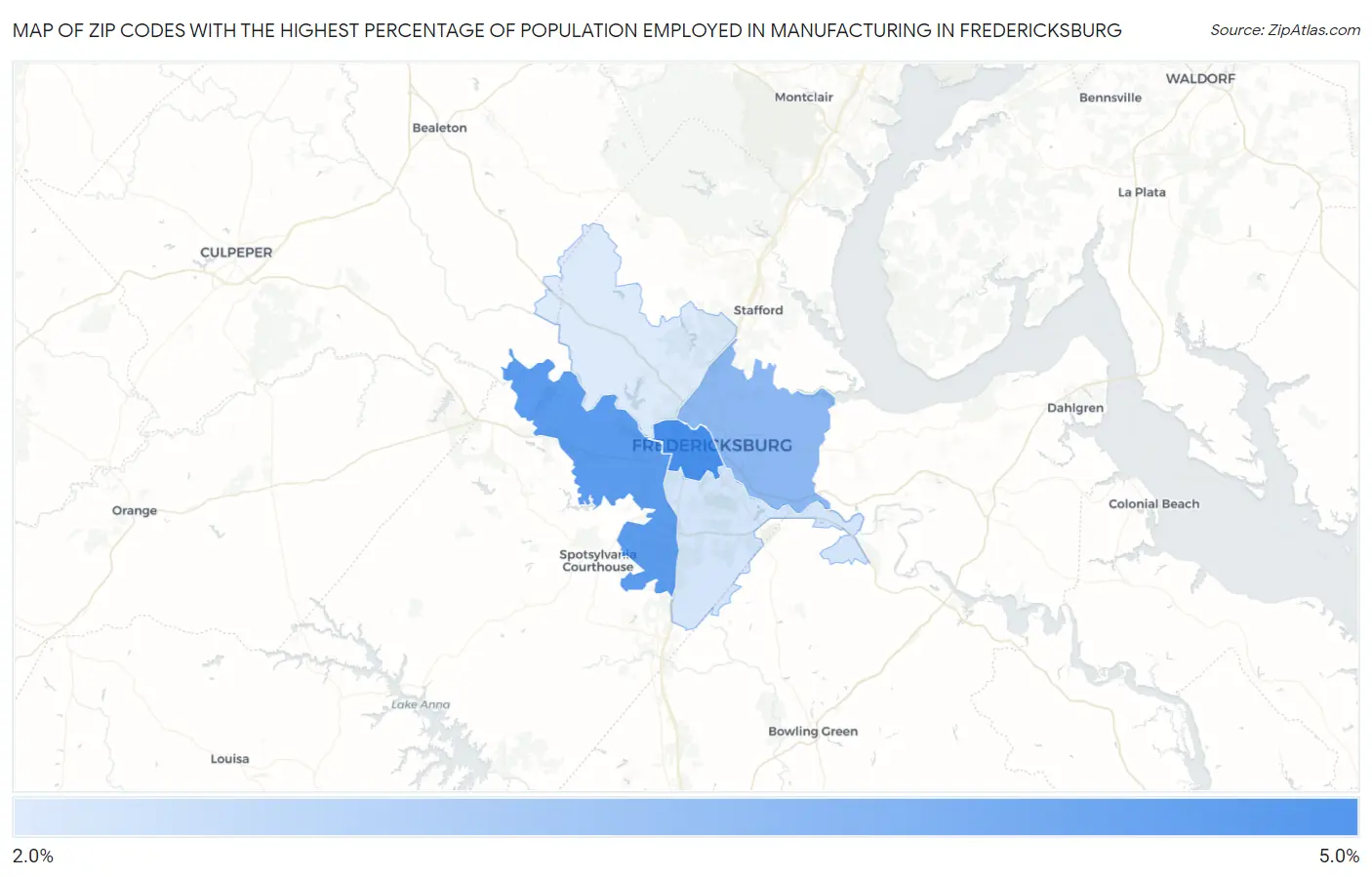Zip Codes with the Highest Percentage of Population Employed in Manufacturing in Fredericksburg Map