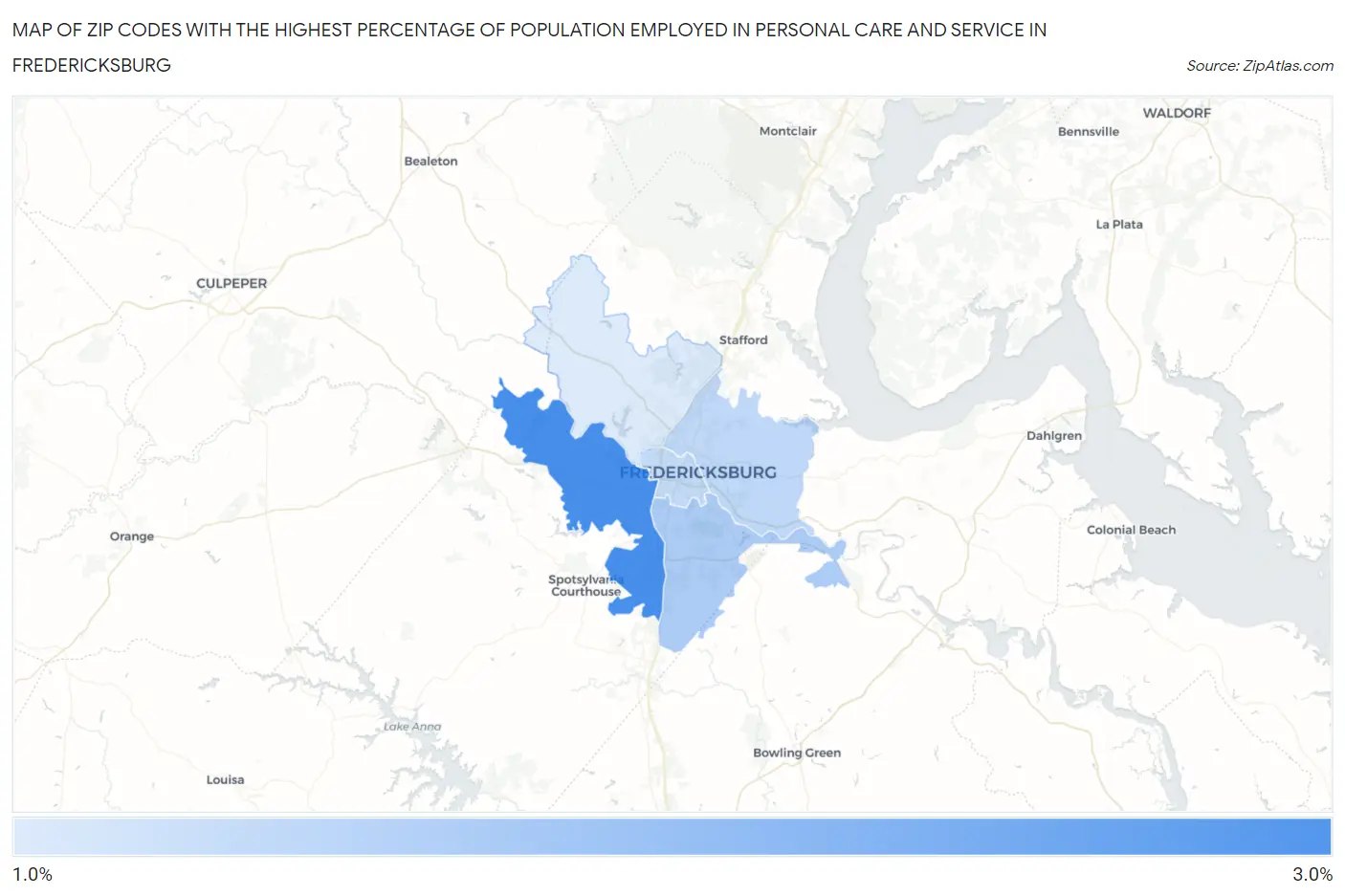 Zip Codes with the Highest Percentage of Population Employed in Personal Care and Service in Fredericksburg Map
