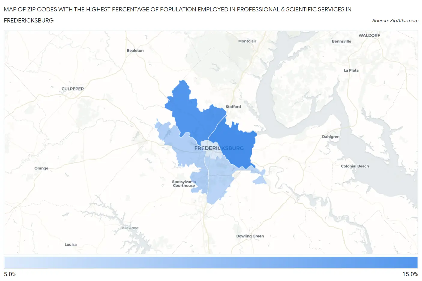 Zip Codes with the Highest Percentage of Population Employed in Professional & Scientific Services in Fredericksburg Map