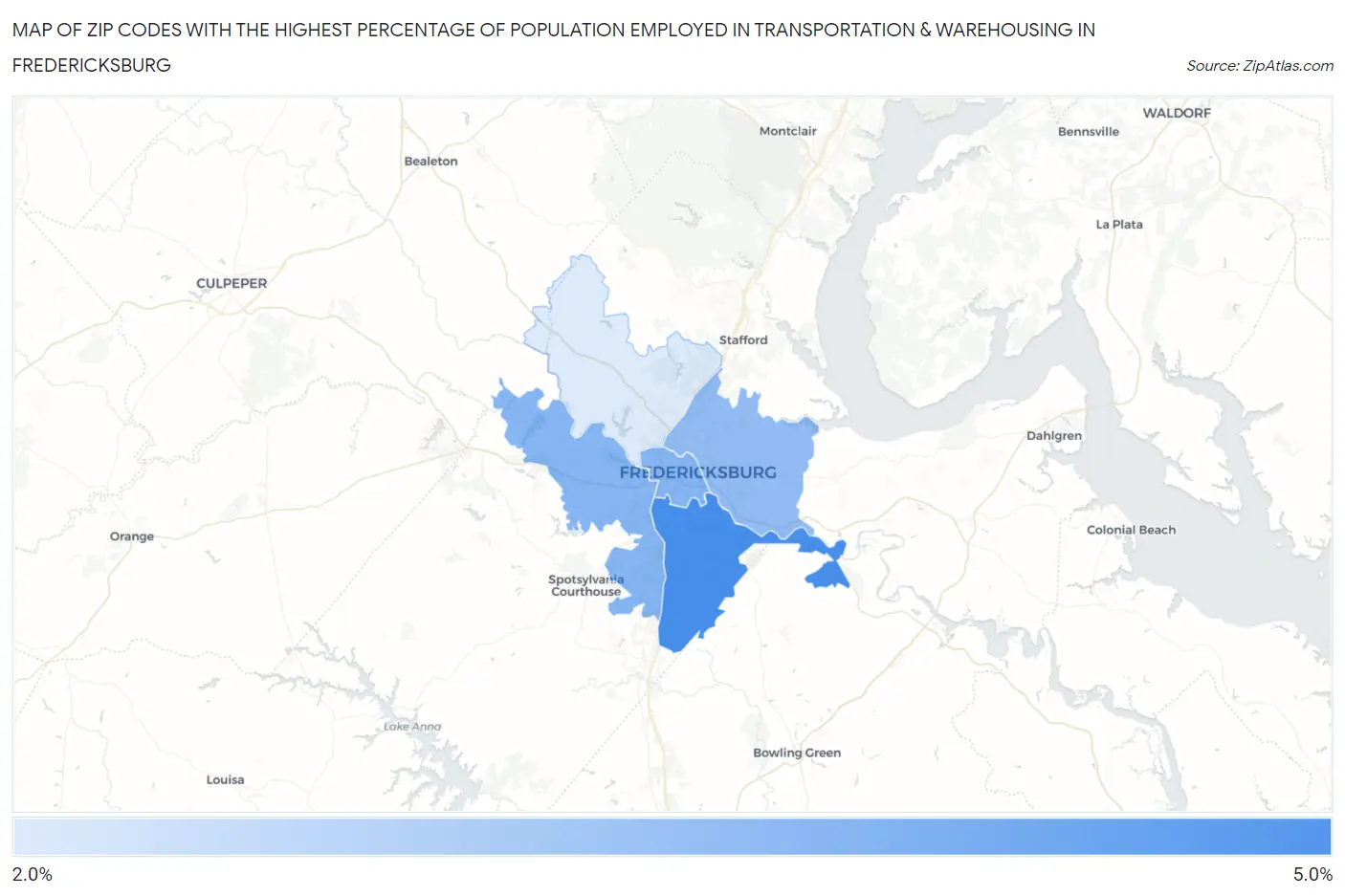 Zip Codes with the Highest Percentage of Population Employed in Transportation & Warehousing in Fredericksburg Map