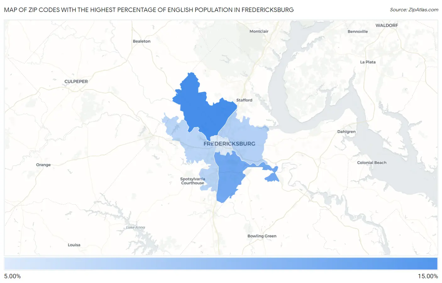 Zip Codes with the Highest Percentage of English Population in Fredericksburg Map