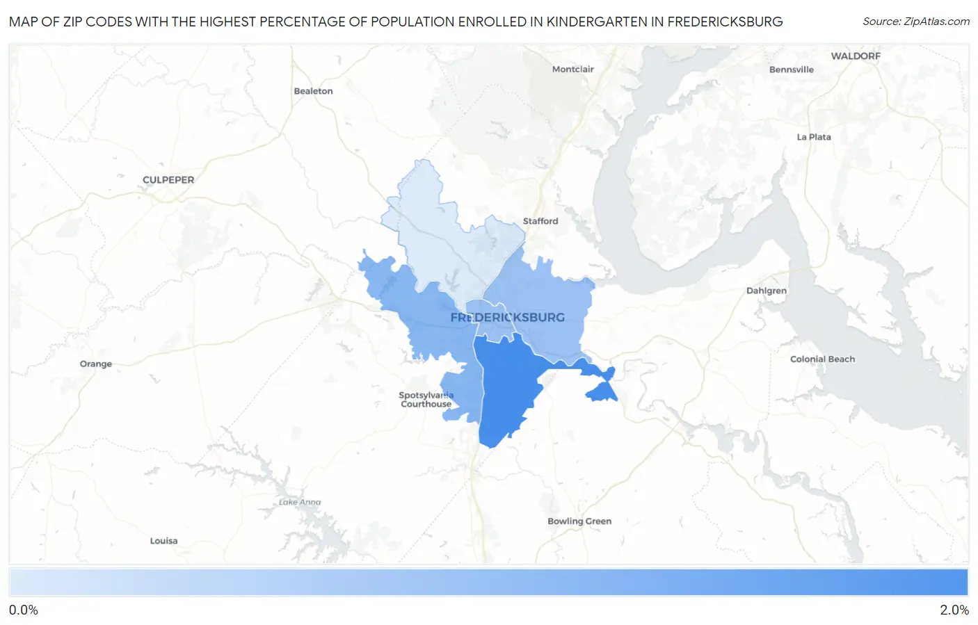 Zip Codes with the Highest Percentage of Population Enrolled in Kindergarten in Fredericksburg Map