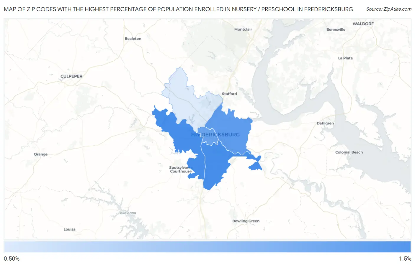 Zip Codes with the Highest Percentage of Population Enrolled in Nursery / Preschool in Fredericksburg Map