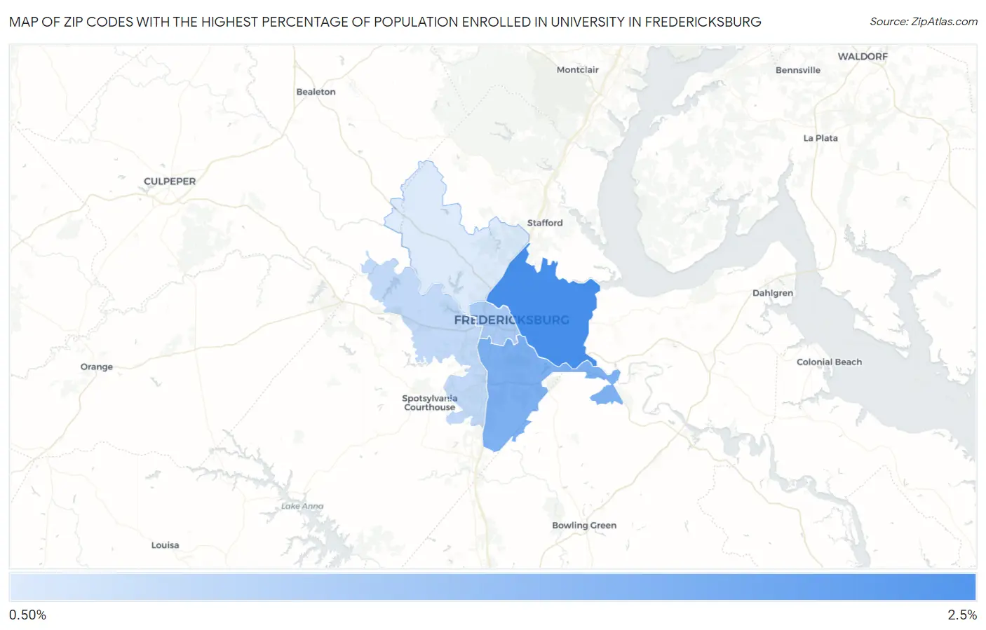Zip Codes with the Highest Percentage of Population Enrolled in University in Fredericksburg Map