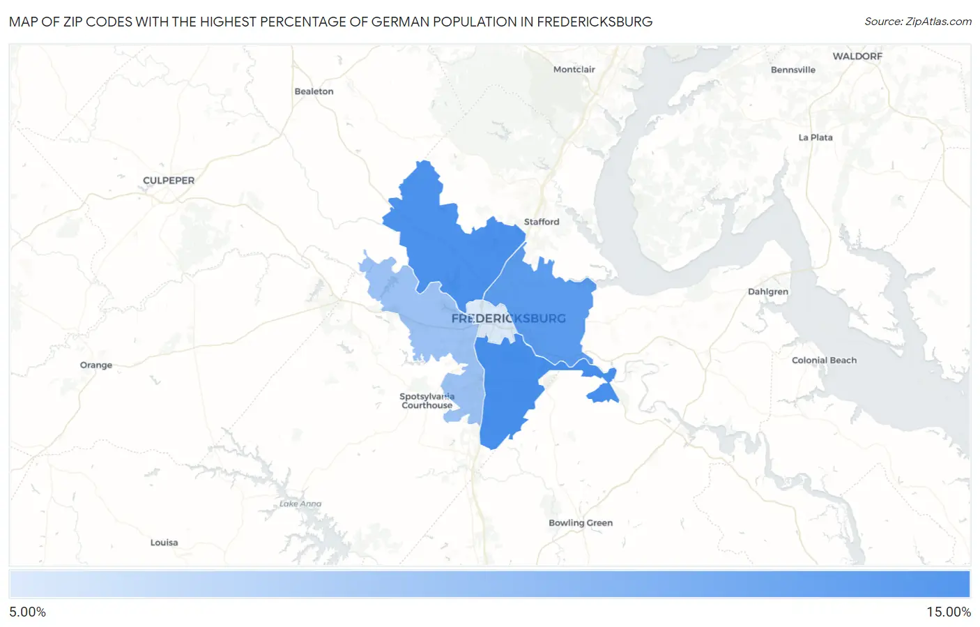 Zip Codes with the Highest Percentage of German Population in Fredericksburg Map
