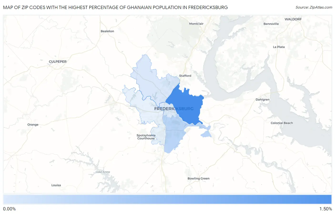 Zip Codes with the Highest Percentage of Ghanaian Population in Fredericksburg Map