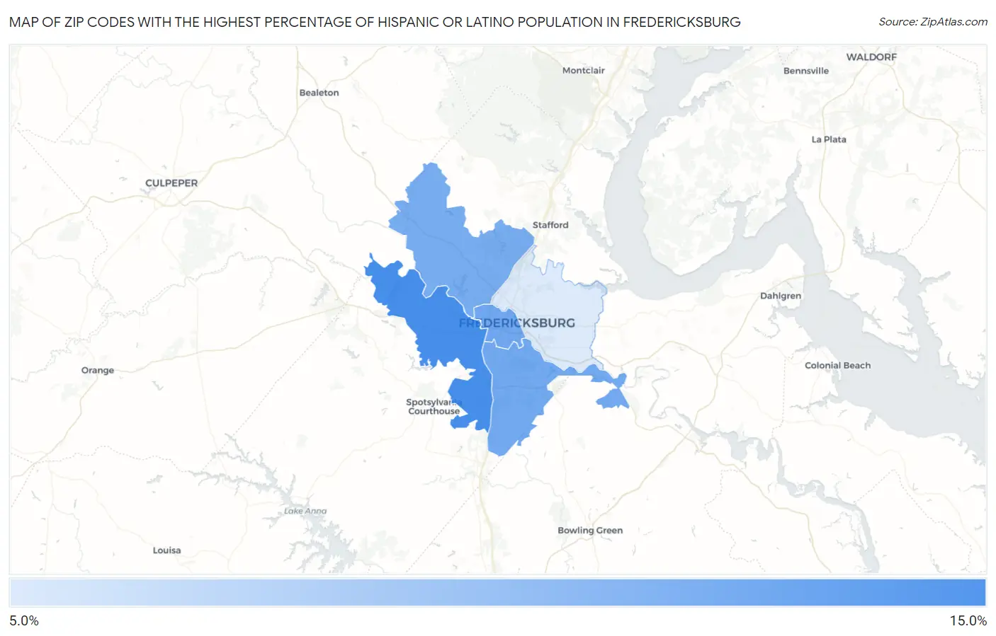 Zip Codes with the Highest Percentage of Hispanic or Latino Population in Fredericksburg Map
