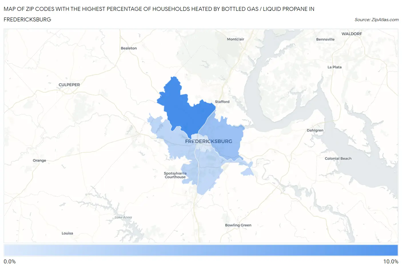 Zip Codes with the Highest Percentage of Households Heated by Bottled Gas / Liquid Propane in Fredericksburg Map