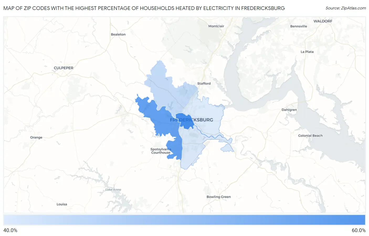 Zip Codes with the Highest Percentage of Households Heated by Electricity in Fredericksburg Map