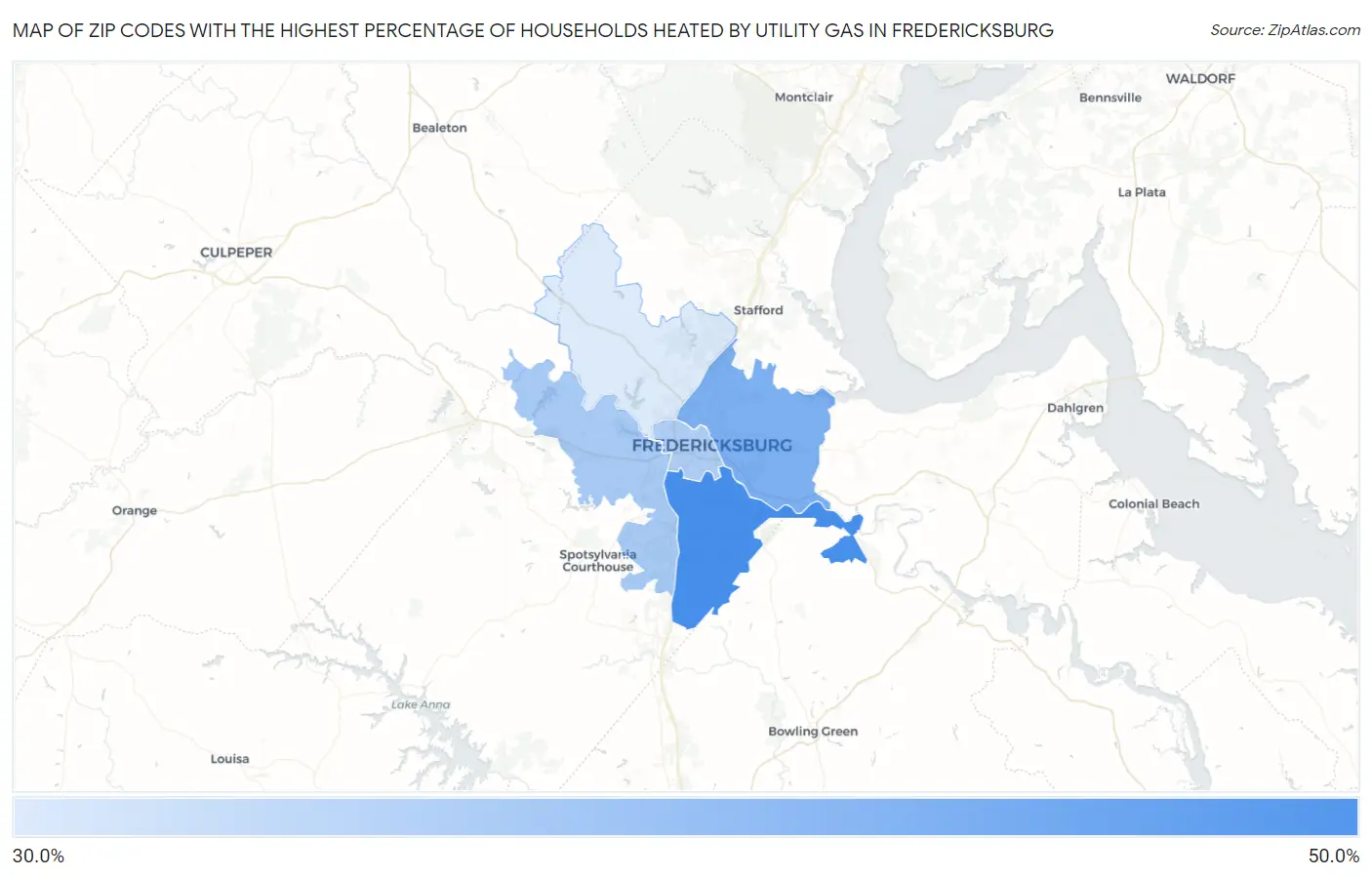 Zip Codes with the Highest Percentage of Households Heated by Utility Gas in Fredericksburg Map