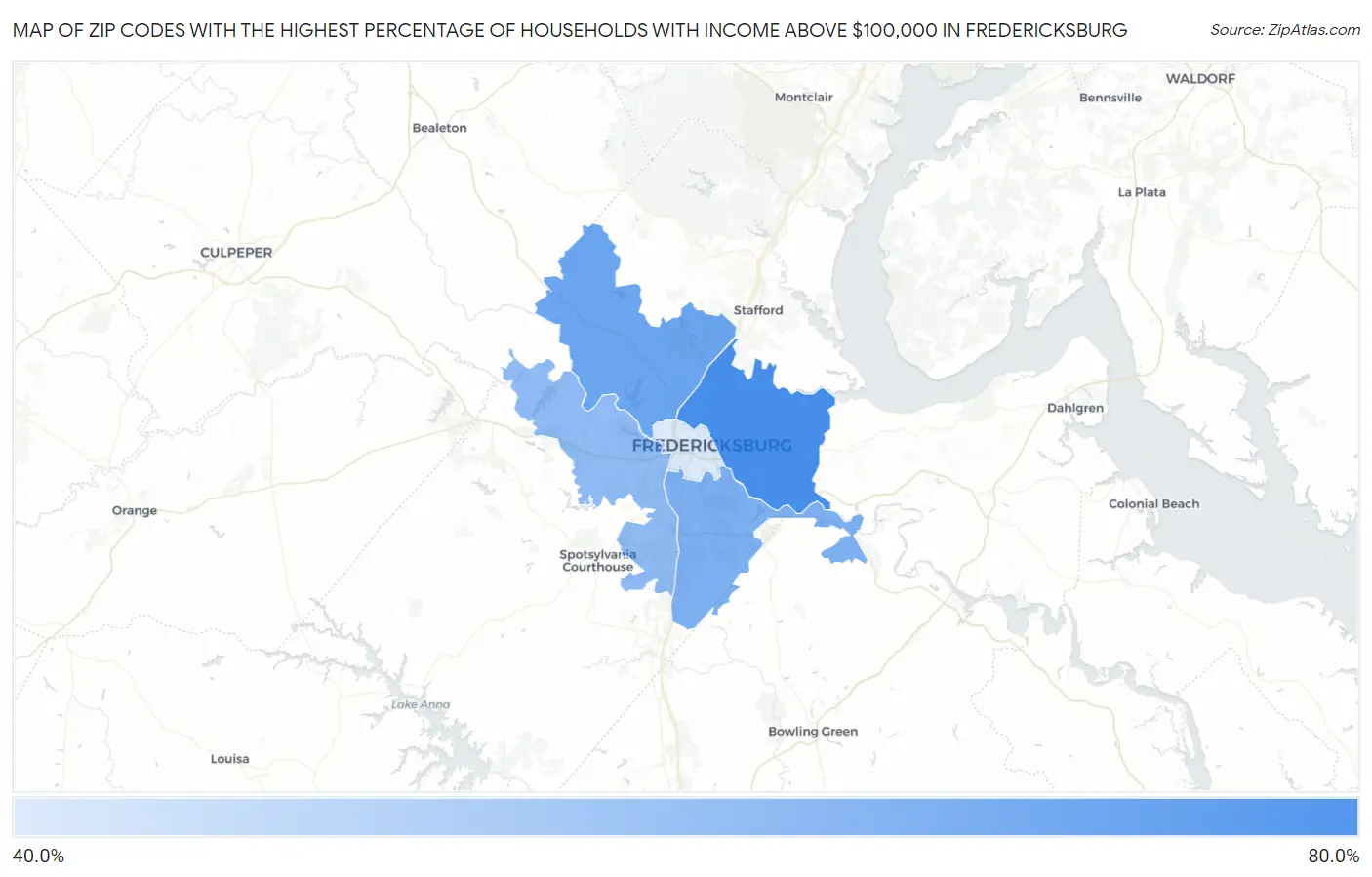 Zip Codes with the Highest Percentage of Households with Income Above $100,000 in Fredericksburg Map