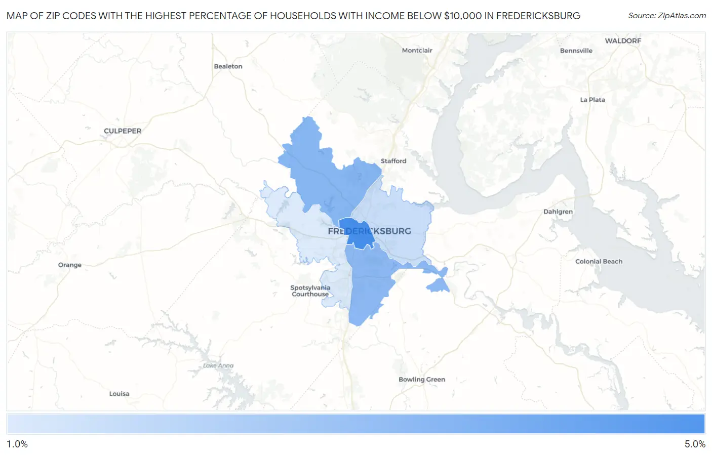 Zip Codes with the Highest Percentage of Households with Income Below $10,000 in Fredericksburg Map