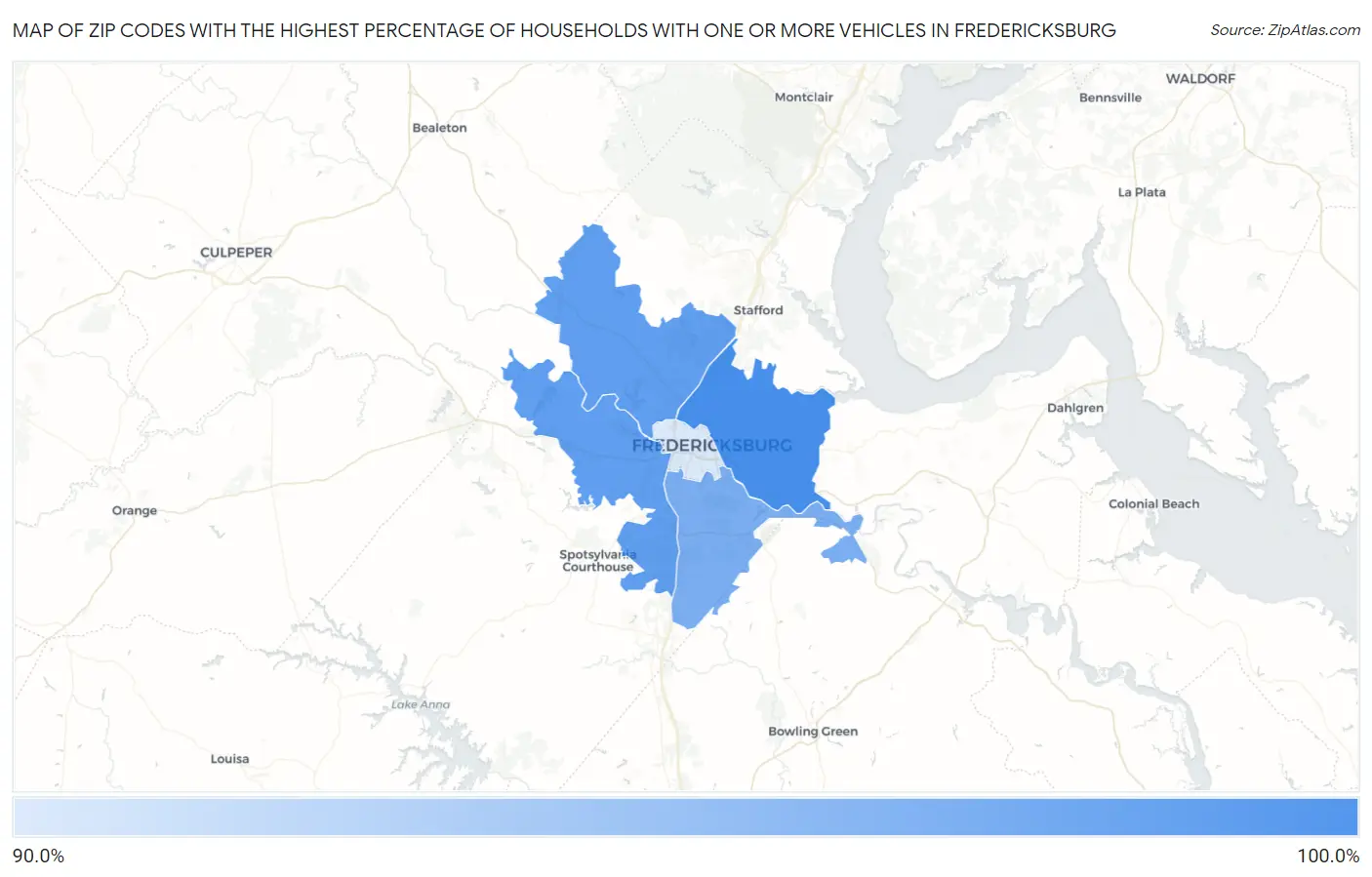 Zip Codes with the Highest Percentage of Households With One or more Vehicles in Fredericksburg Map
