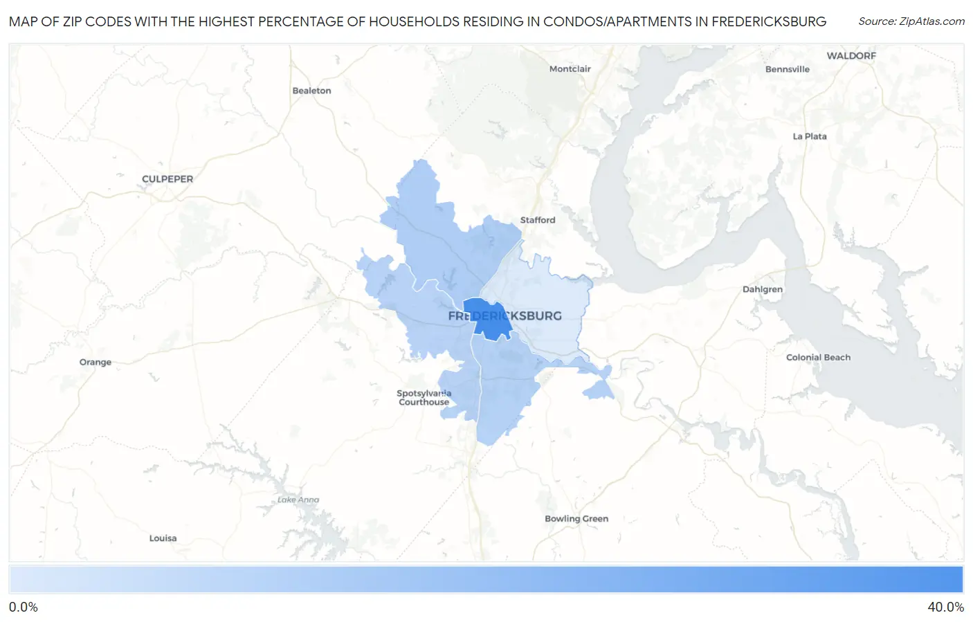 Zip Codes with the Highest Percentage of Households Residing in Condos/Apartments in Fredericksburg Map