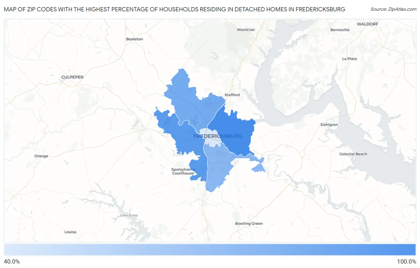 Zip Codes with the Highest Percentage of Households Residing in Detached Homes in Fredericksburg Map