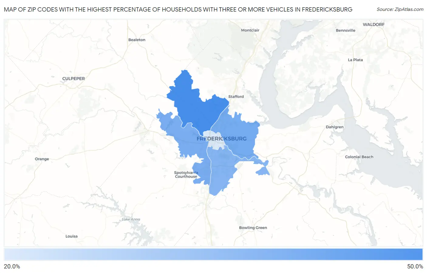 Zip Codes with the Highest Percentage of Households With Three or more Vehicles in Fredericksburg Map